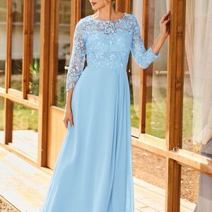 Chic Light Blue Lace Long Sleeve Dress